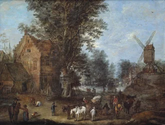 Een dorpsgezicht met reizigers en voerlieden en talloze andere figuren bij hun dagelijkse bezigheden