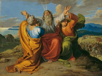 De biddende Mozes met Aaron en Hur op de berg Horeb