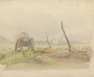 Landschap met waterwagen en waslijn