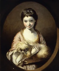 Portret van juffrouw Emilia Vansittart, halflang, in een roze en witte jurk met een hond, c.1767-68