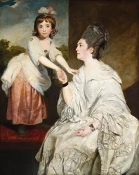 Portret van mevrouw Sarah Otway, in witte kleding met haar dochter Jane voor een raam