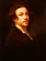Zelfportret, halve lengte, over zijn schouder kijkend, in een bruine jas en wit shirt, c.1750-52