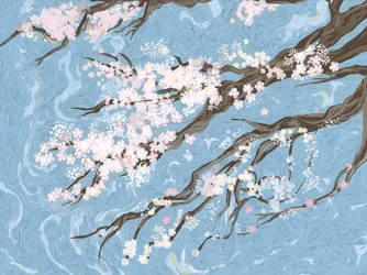 Lente, kersenbloesems, blauw