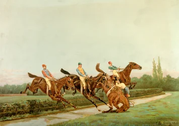 Paarden en jockeys, 20e eeuw (illustratie)