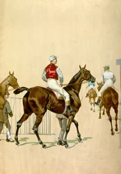 Paarden en jockeys, 20e eeuw (illustratie)