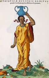 Ethiopische vrouw, gravure door Hans Weigel Elder, naar schilderij van Jost Amman, uit Habitus praecipuorum populorum tam virorum quam foeminarum singulari arte depicti, Neurenberg