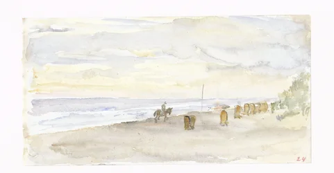 Strandgezicht met ruiter en badstoelen