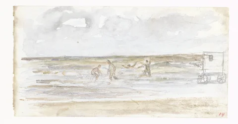 Baders in zee en een strandkoets
