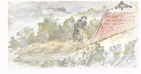 Landschap met vrouw en dak van een huis