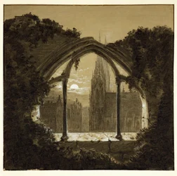 Gotische kathedraal gezien door ruïnes van een kasteel ... (houtskooltekening)