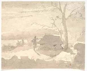Landschap in maanlicht. Een jager naast een dolmen