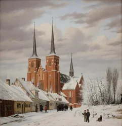 Straat in Roskilde. Op de achtergrond de kathedraal