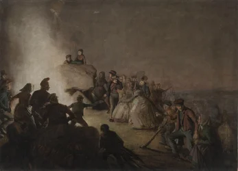 Sint Jansavond. Boeren die een vuur hebben aangestoken op een grafheuvel, dansen rond het vuur