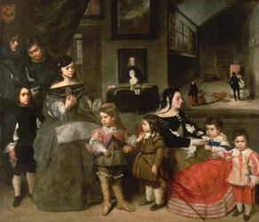 De familie van de kunstenaar: links de vier kinderen uit het eerste huwelijk van de kunstenaar met de dochter van Diego Velázquez, Gaspar, Melchior, Baltasar en Maria Teresa; rechts zijn tweede vrouw Francisc