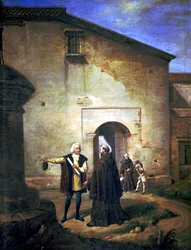 Aankomst van Columbus en zijn zoon Diego in het klooster van La Rabida in 1485