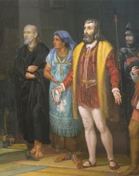 Hernan Cortes, la Malinche en Bartolome de Las Casas, detail, schilderij door Juan Ortega