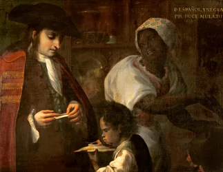 Spanjaard en Zwarte produceren een Mulat, ca. 1715