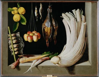 Jachtstilleven met vogels, groenten en citroenen (schilderij op doek)