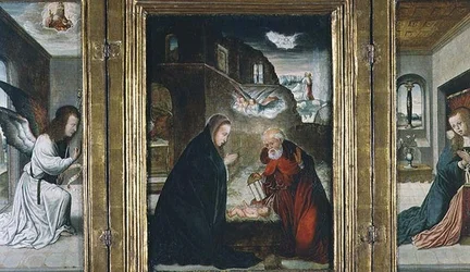 De Geboorte van Christus Drieluik met de Geboorte geflankeerd door de Aankondiging