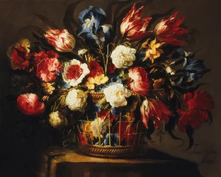 Bloemen in een mand op een stenen richel