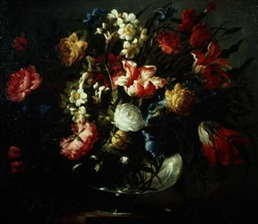 Tulpen, Anjers en Narcissen in een Glazen Vaas