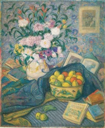Vaas met bananen, citroenen en boeken