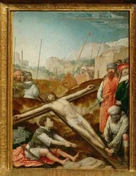 Christus aan het kruis genageld (schilderij op eikenhout)
