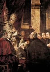 Sint Ignatius van Loyola ontvangt de Bul van de Orde van de Jezuïeten van paus Paulus III, schilderij door Juan de Valdes Leal