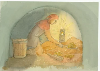 Een middeleeuwse latrinekuilruimer aan het werk, 2004