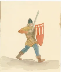 Een middeleeuwse soldaat met een lang zwaard in zijn rechterhand en een schild in zijn linkerhand, 2004