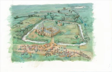 Een reconstructieschilderij met een schuin zicht op de Priorij van Latton zoals die er aan het eind van de 12e eeuw kan hebben uitgezien