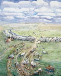 Avebury Henge in aanbouw (aquarel op papier)