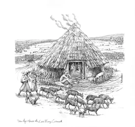 Boeren en een kudde geiten buiten IJzertijd Rondhuis, ca. 1990-2010