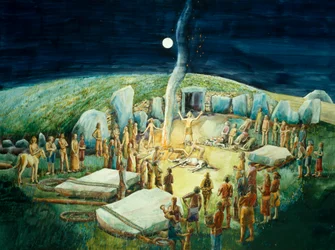 Neolithische ceremonie bij West Kennet Long Barrow, Wilshire, ca. 1985-ca. 2012