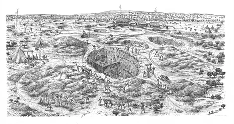 Neolithische vuursteenwinning in Easton Down, Wiltshire (pen en inkt op papier)