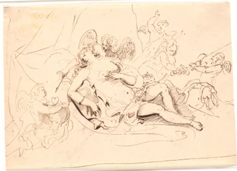 Rustende Venusfiguur, omringd door zes putti die spelen met zwaard, pijl en hart