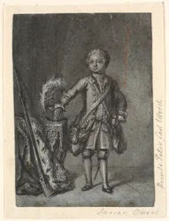 Portret van staande jongen in jachtuitrusting; links tafel met jachthoed en lang geweer. Prins Peter Carl Ulrich?