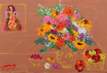 Levendige bloemen en een celliste