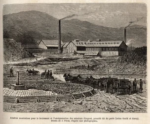 Mexicaanse arrastras (een door de hoeven van muilezels platgetrapt terrein, zoals bij het dorsen van graan) voor het malen en amalgameren van zilvererts (fabrieken van Gould en Curry) in de omgeving van Virginia City (Nevada), gravure naar een tekening