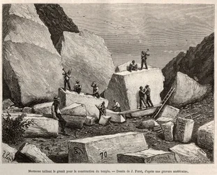 Mormonen hakken graniet voor de tempelbouw. Gravure naar de tekening van J.Ferat, ter illustratie van het verhaal La conquete blanche, door William Hepworth Dixon, in 1875, gepubliceerd in 