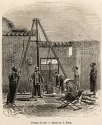 Het wegen van de thee voor verzending naar commerciële markten in een buskruitfabriek in Fati Bay (Canton Provincie), gegraveerd naar een tekening van J.Ferat ter illustratie van de reis naar China, door J. Thompson, in 1870-1872, gepubliceerd in 