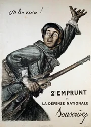 Eerste Wereldoorlog (1914-1918): poster door Abel Faivre voor de nationale lening. Een soldaat spoort het publiek aan om zich in te schrijven 