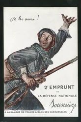 Ansichtkaart, Satirisch in Kleuren: Oorlog van 14-18, Lening, Patriottische Dagen - Soldaten Illustratie door Abel Faivre