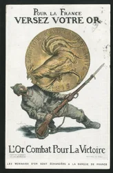 Ansichtkaart, Satirique in kleuren, circa 1915: Voor Frankrijk, Giet uw goud - Oorlog van 14-18, Duitsland Pruisen, Zilver, Belligeranten en symbolen, Overwinning, Lenen, Patriottische dagen - Haan - Illustratie door Abel Faivre (1867-1945)