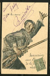 Briefkaart: Schrijf in op nationale defensieobligaties - Oorlog van 14 -18, oorlogvoerende partijen en symbolen, lening, patriottische dagen - Illustratie door Abel Faivre (1867-1945)
