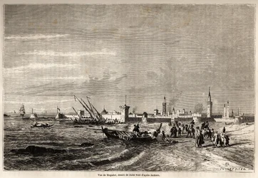 Zicht op Essaouira (voorheen Mogador), tekening door Jules Noel (1810-1881), ter illustratie van de reis van de heer F. Schickler naar Marokko in 1860. Gravure in 