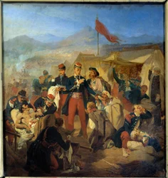 Krimoorlog: de militaire chirurg Scrive behandelt gewonden na de Slag bij Inkerman op 5/11/1854. Schilderij van Jules Rigo (1810-1892), 1854, Musée du Val-de-Grâce, Parijs