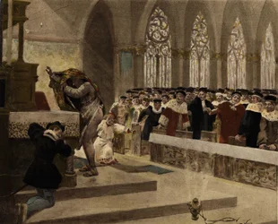 Een Cordelier, die zijn ochtendgloren probeert uit te trekken, toont zijn rug bij een mis voor het Hof voor de ogen van Panurge. Pantagruel. Illustratie door Jules Garnier. In "Rabelais et l