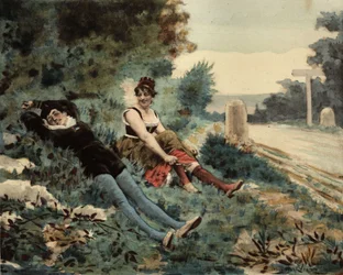 Een Parijzenaar en een Picardiër zittend op het gras. Pantagruel. Illustratie van Jules Garnier. In "Rabelais et l