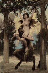 Een half-mens half-dier wezen draagt op zijn schouder een naakte vrouw in de wijngaard die naar de Tempel van de Fles leidt. Pantagruel. Illustratie door Jules Garnier. In "Rabelais et l